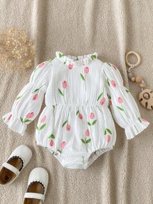 SHEIN Playful Pals 1件女嬰連身衣可愛甜美粉色鬱金香花卉印花荷葉邊長袖荷葉領常規款生日派對春季公主風舒適收口 - 彩色 - 查看 7