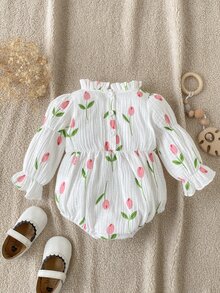 SHEIN Playful Pals 1件女嬰連身衣可愛甜美粉色鬱金香花卉印花荷葉邊長袖荷葉領常規款生日派對春季公主風舒適收口 - 彩色 - 查看 3