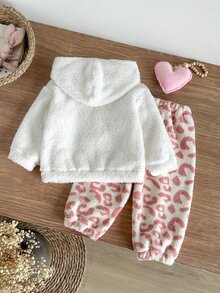 SHEIN 2件組女嬰秋冬日常穿著可愛保暖刷毛法蘭絨愛心連帽衛衣與長褲套裝 - 粉色 - 查看 2