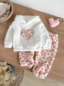 SHEIN 2件組女嬰秋冬日常穿著可愛保暖刷毛法蘭絨愛心連帽衛衣與長褲套裝 - 粉色 - 查看 4