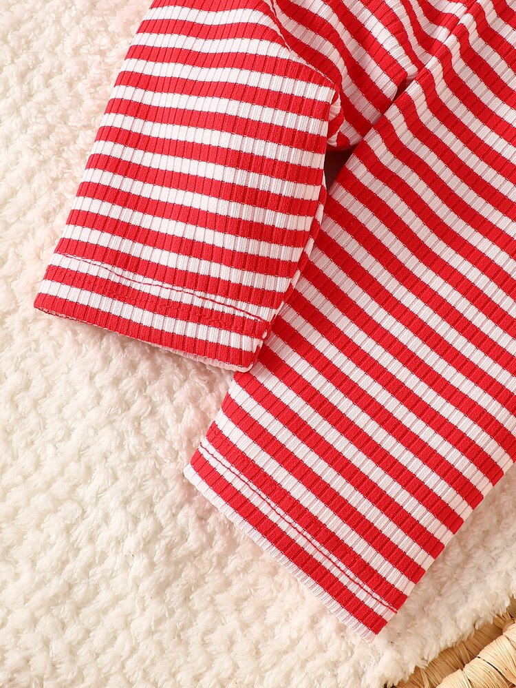 SHEIN Newborn Baby Girl Knitted Striped Cartoon Cherry Print Pattern Lotus Collar Long Sleeved Top Paired - Red - View 6