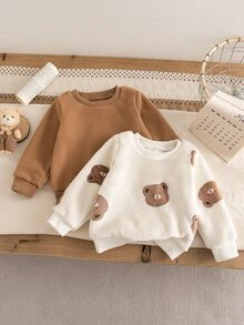SHEIN Playful Pals 1件幼兒女嬰針織鬆緊領套頭衛衣 可愛甜美米色棕熊印花 華夫格長袖圓領 加厚 開學季秋季慢跑保暖毛絨款 - 白色 - 查看 3