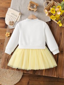 SHEIN Vintaside Kids 女童可愛3D花朵蝴蝶結裝飾甜美衛衣上衣 + 黃色對比網紗公主裙套裝，舒適長袖2合1派對洋裝，適合春秋日常休閒穿著 - 黃色 - 查看 2