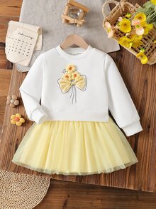 SHEIN Vintaside Kids 女童可愛3D花朵蝴蝶結裝飾甜美衛衣上衣 + 黃色對比網紗公主裙套裝，舒適長袖2合1派對洋裝，適合春秋日常休閒穿著 - 黃色 - 查看 4