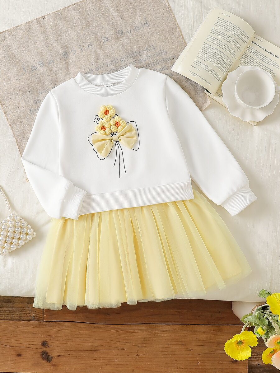 SHEIN Vintaside Kids 女童可愛3D花朵蝴蝶結裝飾甜美衛衣上衣 + 黃色對比網紗公主裙套裝,舒適長袖2合1派對洋裝,適合春秋日常休閒穿著 - 黃色 - 查看 1
