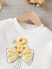 SHEIN Vintaside Kids 女童可愛3D花朵蝴蝶結裝飾甜美衛衣上衣 + 黃色對比網紗公主裙套裝，舒適長袖2合1派對洋裝，適合春秋日常休閒穿著 - 黃色 - 查看 9