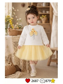SHEIN Vintaside Kids 女童可愛3D花朵蝴蝶結裝飾甜美衛衣上衣 + 黃色對比網紗公主裙套裝，舒適長袖2合1派對洋裝，適合春秋日常休閒穿著 - 黃色 - 查看 5