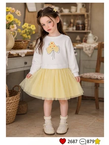 SHEIN Vintaside Kids 女童可愛3D花朵蝴蝶結裝飾甜美衛衣上衣 + 黃色對比網紗公主裙套裝，舒適長袖2合1派對洋裝，適合春秋日常休閒穿著 - 黃色 - 查看 3