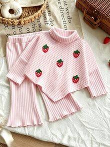 SHEIN Vintaside Kids 女嬰 0-3 歲秋季刺繡草莓羅紋針織長袖上衣與喇叭褲套裝，粉紅色，適合日常穿著，高領休閒日常穿搭 - 粉色 - 查看 6