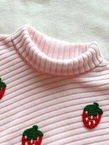 SHEIN Vintaside Kids 女嬰 0-3 歲秋季刺繡草莓羅紋針織長袖上衣與喇叭褲套裝，粉紅色，適合日常穿著，高領休閒日常穿搭 - 粉色 - 查看 11
