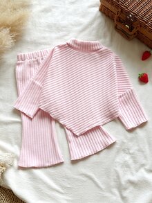 SHEIN Vintaside Kids 女嬰 0-3 歲秋季刺繡草莓羅紋針織長袖上衣與喇叭褲套裝，粉紅色，適合日常穿著，高領休閒日常穿搭 - 粉色 - 查看 3