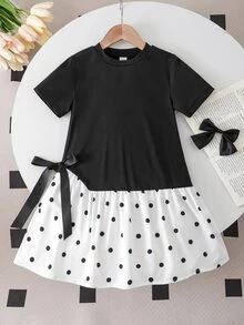 SHEIN 1件女童春夏休閒仙女公主A字洋裝，蝴蝶結熱轉印與3D蝴蝶結設計，1歲/7歲生日，黑色 - 黑色 - 查看 8