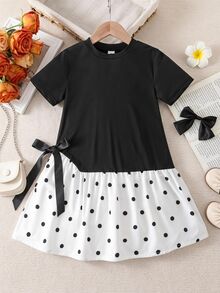 SHEIN 1件女童春夏休閒仙女公主A字洋裝，蝴蝶結熱轉印與3D蝴蝶結設計，1歲/7歲生日，黑色 - 黑色 - 查看 4