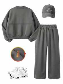 SHEIN Elladie kids 女童新款優雅夾克搭配彈性腰寬腿修身長褲 2件套，秋冬返校穿搭 - 深灰色 - 查看 2