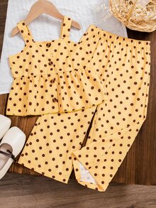 SHEIN 女童波點背心套裝，度假穿搭，夏季度假穿搭，度假，波點，套裝 - 黃色 - 查看 8