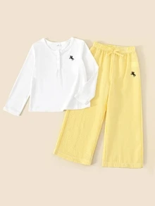 2pcs/Set Young Girl Basic Casual Solid Color Set, Horse Print, Asymmetric Hem, Side Ruched Design, Round Neck Long Sleeve T-Shirt, Paired With Yellow Striped Textured Straight Leg Pants Set, Suitable For Daily/Outdoor Occasions, Spring/Summer/All Season, Young Girls Sets, Children Daily Comfortable Summer Outfit, Girls Outfits - Yellow - View 4