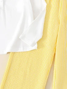2pcs/Set Young Girl Basic Casual Solid Color Set, Horse Print, Asymmetric Hem, Side Ruched Design, Round Neck Long Sleeve T-Shirt, Paired With Yellow Striped Textured Straight Leg Pants Set, Suitable For Daily/Outdoor Occasions, Spring/Summer/All Season, Young Girls Sets, Children Daily Comfortable Summer Outfit, Girls Outfits - Yellow - View 6
