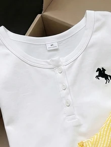 2pcs/Set Young Girl Basic Casual Solid Color Set, Horse Print, Asymmetric Hem, Side Ruched Design, Round Neck Long Sleeve T-Shirt, Paired With Yellow Striped Textured Straight Leg Pants Set, Suitable For Daily/Outdoor Occasions, Spring/Summer/All Season, Young Girls Sets, Children Daily Comfortable Summer Outfit, Girls Outfits - Yellow - View 5