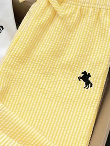 2pcs/Set Young Girl Basic Casual Solid Color Set, Horse Print, Asymmetric Hem, Side Ruched Design, Round Neck Long Sleeve T-Shirt, Paired With Yellow Striped Textured Straight Leg Pants Set, Suitable For Daily/Outdoor Occasions, Spring/Summer/All Season, Young Girls Sets, Children Daily Comfortable Summer Outfit, Girls Outfits - Yellow - View 7