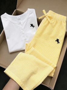 2pcs/Set Young Girl Basic Casual Solid Color Set, Horse Print, Asymmetric Hem, Side Ruched Design, Round Neck Long Sleeve T-Shirt, Paired With Yellow Striped Textured Straight Leg Pants Set, Suitable For Daily/Outdoor Occasions, Spring/Summer/All Season, Young Girls Sets, Children Daily Comfortable Summer Outfit, Girls Outfits - Yellow - View 3