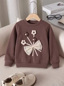 SHEIN 女童 3D 針織花卉網格蝴蝶結圖案可愛圓領套頭衛衣 秋冬休閒抓絨長袖上衣 - 咖啡棕 - 查看 7