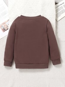 SHEIN 女童 3D 針織花卉網格蝴蝶結圖案可愛圓領套頭衛衣 秋冬休閒抓絨長袖上衣 - 咖啡棕 - 查看 2