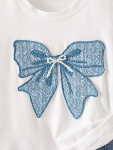 SHEIN Elladie kids 少女開學季夏季白色藍色甜美酷風牛仔兩件套，亮片刺繡蝴蝶結短版T恤配黑色緞帶蝴蝶結牛仔褲 - 藍色 - 查看 9
