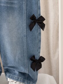 SHEIN Elladie kids 少女開學季夏季白色藍色甜美酷風牛仔兩件套，亮片刺繡蝴蝶結短版T恤配黑色緞帶蝴蝶結牛仔褲 - 藍色 - 查看 7