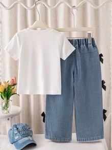 SHEIN Elladie kids 少女開學季夏季白色藍色甜美酷風牛仔兩件套，亮片刺繡蝴蝶結短版T恤配黑色緞帶蝴蝶結牛仔褲 - 藍色 - 查看 2