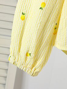 Elladie kids Young Girls Shirt, Spring/Autumn, Cream Yellow Vertical Fine Stripe Base With All-Over Tiny Lemon Print, Fresh And Energetic, Small Collar Design, Simple And Elegant, Back With Three Same-Color Bow Ties, Lively And Fashionable, Suitable For Daily Wear And Gatherings - Yellow - View 7