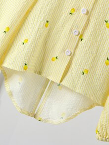 Elladie kids Young Girls Shirt, Spring/Autumn, Cream Yellow Vertical Fine Stripe Base With All-Over Tiny Lemon Print, Fresh And Energetic, Small Collar Design, Simple And Elegant, Back With Three Same-Color Bow Ties, Lively And Fashionable, Suitable For Daily Wear And Gatherings - Yellow - View 6