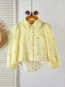 Elladie kids Young Girls Shirt, Spring/Autumn, Cream Yellow Vertical Fine Stripe Base With All-Over Tiny Lemon Print, Fresh And Energetic, Small Collar Design, Simple And Elegant, Back With Three Same-Color Bow Ties, Lively And Fashionable, Suitable For Daily Wear And Gatherings - Yellow - View 3