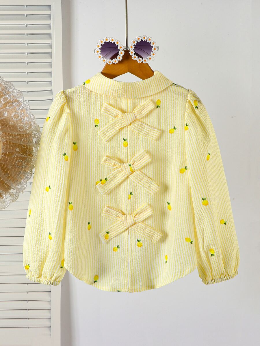 Elladie kids Young Girls Shirt, Spring/Autumn, Cream Yellow Vertical Fine Stripe Base With All-Over Tiny Lemon Print, Fresh And Energetic, Small Collar Design, Simple And Elegant, Back With Three Same-Color Bow Ties, Lively And Fashionable, Suitable For Daily Wear And Gatherings - Yellow - View 1