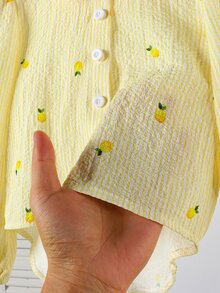 Elladie kids Young Girls Shirt, Spring/Autumn, Cream Yellow Vertical Fine Stripe Base With All-Over Tiny Lemon Print, Fresh And Energetic, Small Collar Design, Simple And Elegant, Back With Three Same-Color Bow Ties, Lively And Fashionable, Suitable For Daily Wear And Gatherings - Yellow - View 8