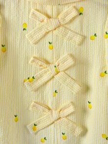 Elladie kids Young Girls Shirt, Spring/Autumn, Cream Yellow Vertical Fine Stripe Base With All-Over Tiny Lemon Print, Fresh And Energetic, Small Collar Design, Simple And Elegant, Back With Three Same-Color Bow Ties, Lively And Fashionable, Suitable For Daily Wear And Gatherings - Yellow - View 4