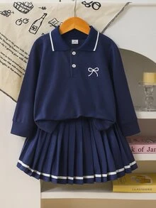 SHEIN Elladie kids 女童 4-7歲 英倫風 Polo 衫與百褶裙 2 件套，海軍藍刺繡蝴蝶結長袖條紋套裝，適合春季秋季校園日常與派對穿著 - 寶藍色 - 查看 3