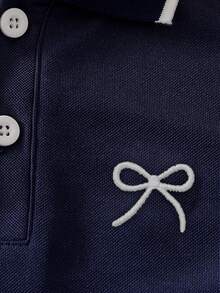 SHEIN Elladie kids 女童 4-7歲 英倫風 Polo 衫與百褶裙 2 件套，海軍藍刺繡蝴蝶結長袖條紋套裝，適合春季秋季校園日常與派對穿著 - 寶藍色 - 查看 7