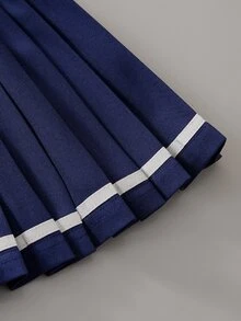 SHEIN Elladie kids 女童 4-7歲 英倫風 Polo 衫與百褶裙 2 件套，海軍藍刺繡蝴蝶結長袖條紋套裝，適合春季秋季校園日常與派對穿著 - 寶藍色 - 查看 11