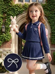 SHEIN Elladie kids 女童 4-7歲 英倫風 Polo 衫與百褶裙 2 件套，海軍藍刺繡蝴蝶結長袖條紋套裝，適合春季秋季校園日常與派對穿著 - 寶藍色 - 查看 5