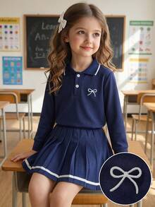 SHEIN Elladie kids 女童 4-7歲 英倫風 Polo 衫與百褶裙 2 件套，海軍藍刺繡蝴蝶結長袖條紋套裝，適合春季秋季校園日常與派對穿著 - 寶藍色 - 查看 6
