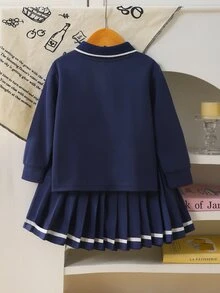 SHEIN Elladie kids 女童 4-7歲 英倫風 Polo 衫與百褶裙 2 件套，海軍藍刺繡蝴蝶結長袖條紋套裝，適合春季秋季校園日常與派對穿著 - 寶藍色 - 查看 4
