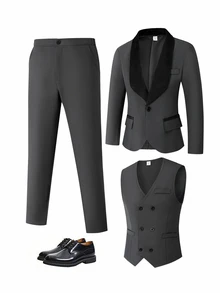 Teen Boys White Velvet Formal Suit Set Double Breasted Vest Blazer Trousers Summer Wedding Gift Party Graduation Gentleman Outfit - Dark Grey - View 1