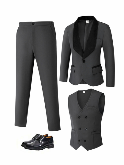 Teen Boys 3Pcs Black Velvet Formal Suit Set Double Breasted Vest Blazer Trousers Early Fall Wedding Graduation Gentleman Luxury Outfit