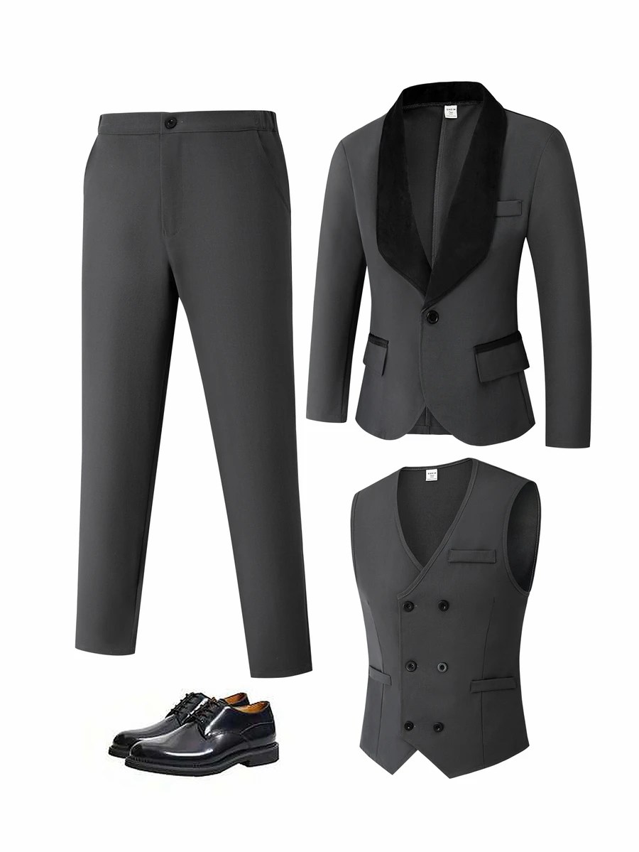 Teen Boys White Velvet Formal Suit Set Double Breasted Vest Blazer Trousers Summer Wedding Gift Party Graduation Gentleman Outfit - Dark Grey - View 1