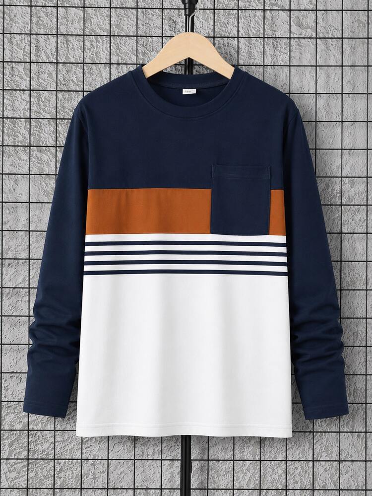 Boys Casual Cool Alternative Cute Y2k Contrast Color Crew Neck Long Sleeve Pocket T-Shirt Back-To-School School Navy Autumn - Multicolor - View 3