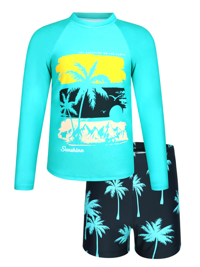SHEIN Tween Boy Graphic Print Long Sleeve Rashguard And Allover Swim Trunks 2 Pieces Set Swimsuits For Tweens Teen Suits Sleeves Kids With Beach Outfits