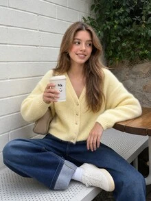 SHEIN Teen Girls Yellow Solid Color V-Neck Ribbed Faux Mink Knit Cardigan Sweater, Soft And Comfortable, Suitable For Casual Outings, Gatherings, Home Wear And Layering, Autumn/Winter - Yellow - View 1