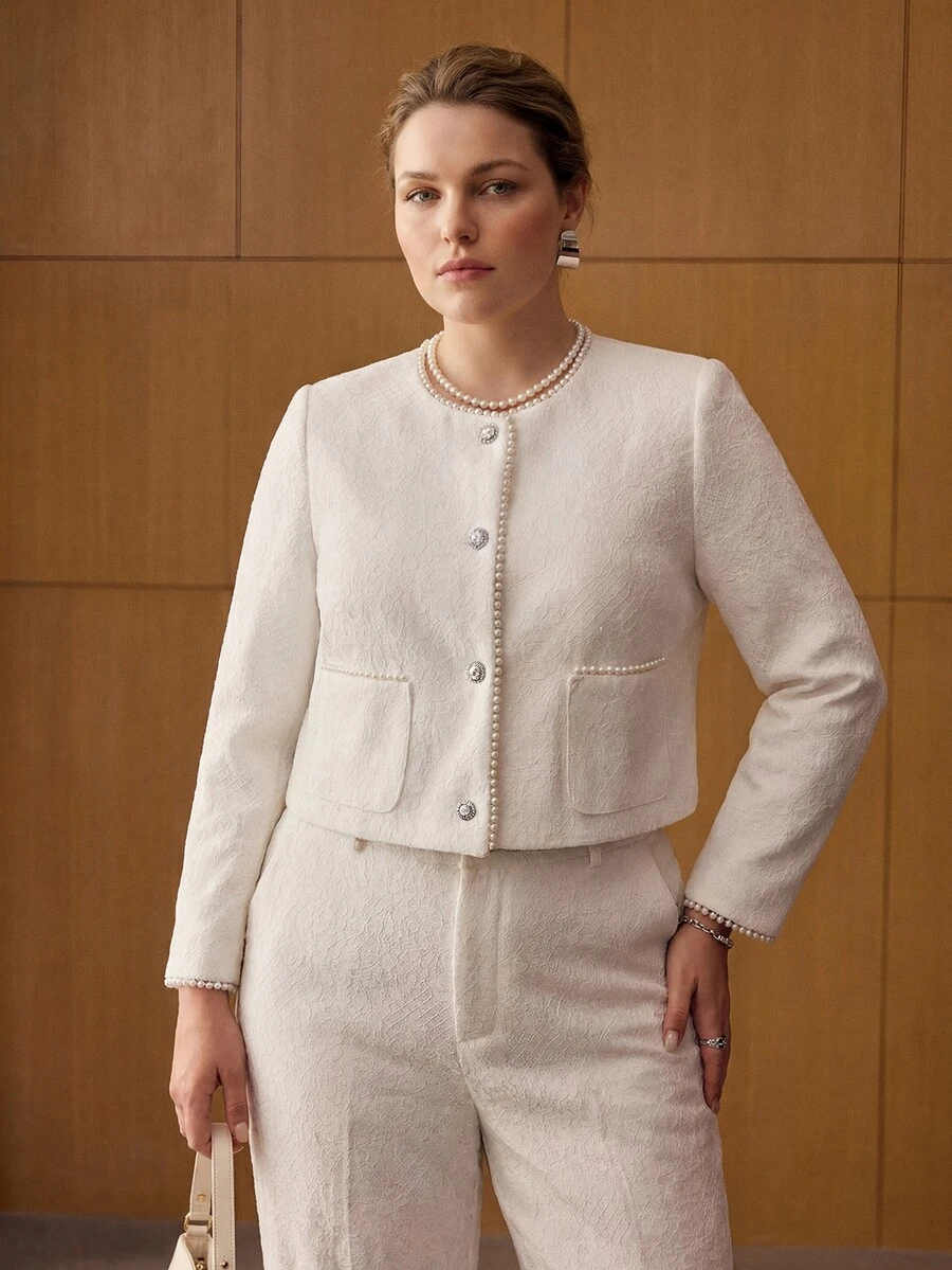 MOTF PREMIUM PLUS SIZE WOMEN'S EXQUISITE PEARL TRIM LACE PATCHWORK CROPPED JACKET, AUTUMN/WINTER FALL - White - View 2