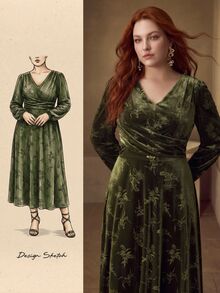 MOTF PREMIUM PLUS SIZE WOMEN'S VELVET WAIST-CINCHING ELASTIC ELEGANT DRESS WINTER - Green - View 1