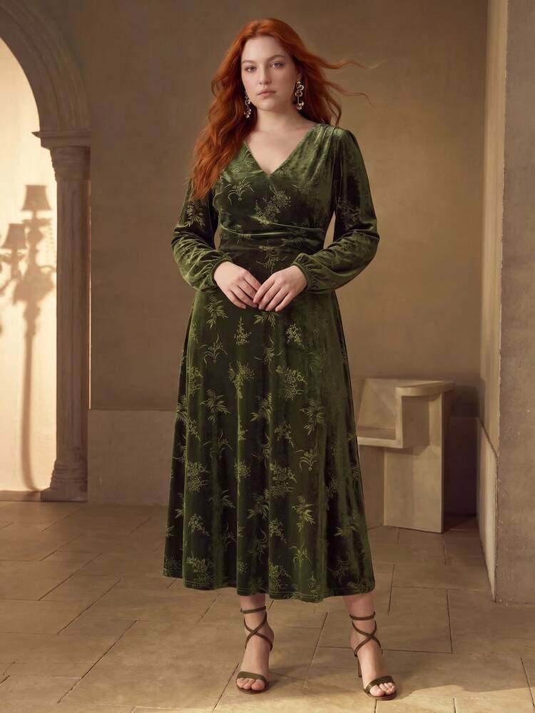 MOTF PREMIUM PLUS SIZE WOMEN'S VELVET WAIST-CINCHING ELASTIC ELEGANT DRESS WINTER - Green - View 3